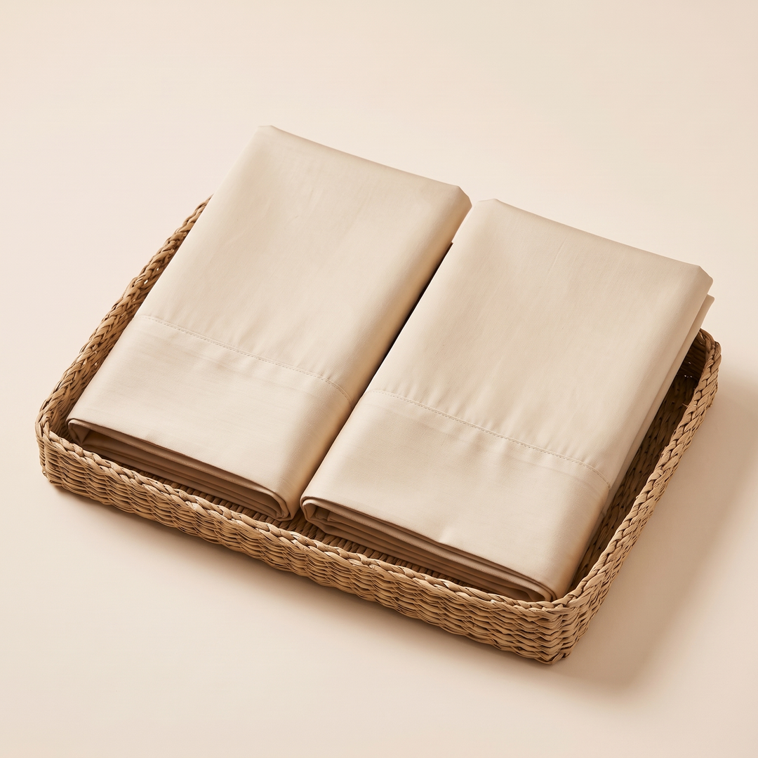 Cotton Sateen Pillowcases – Set of 2 in Beige – two folded pillowcases side by side in a woven wicker tray