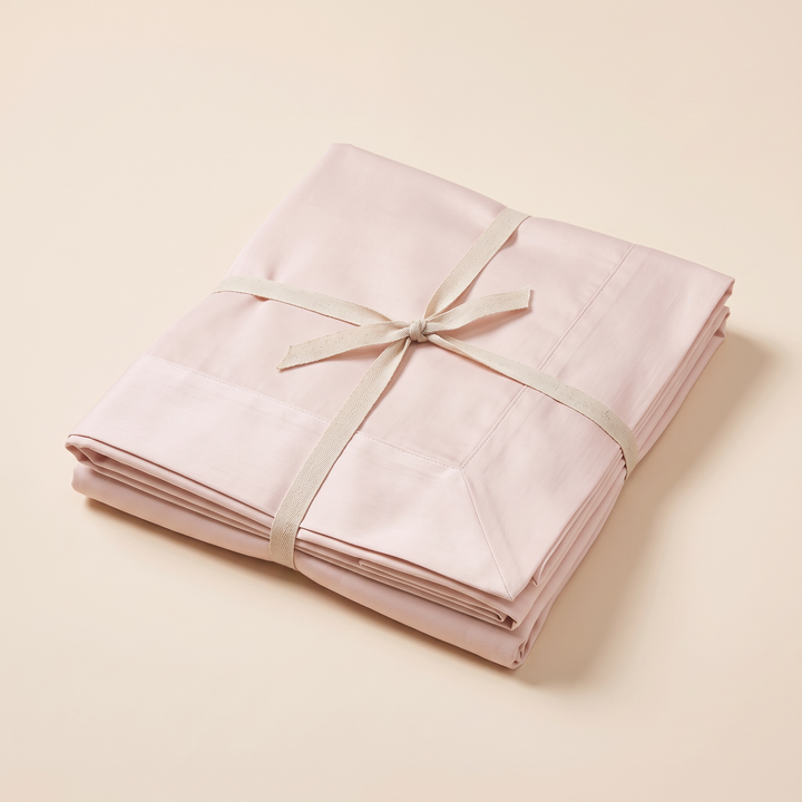 Cotton Sateen Pillowcases – Set of 2 in Light Pink – folded stack tied with a beige ribbon in a bow