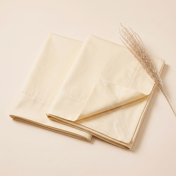 Cotton Sateen Pillowcases – Set of 2 in Light Yellow – folded pair with a dried pampas grass sprig resting on one corner