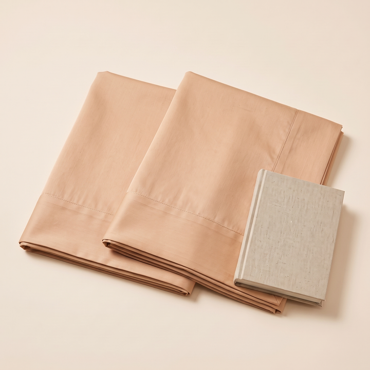 Cotton Sateen Pillowcases – Set of 2 in Peach – two folded pillowcases with a linen-covered notebook on one corner
