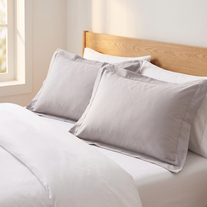 Cotton Sateen Pillowcases – Set of 2 in Gray – two flanged pillowcases on pillows against an oak headboard by a sunlit window