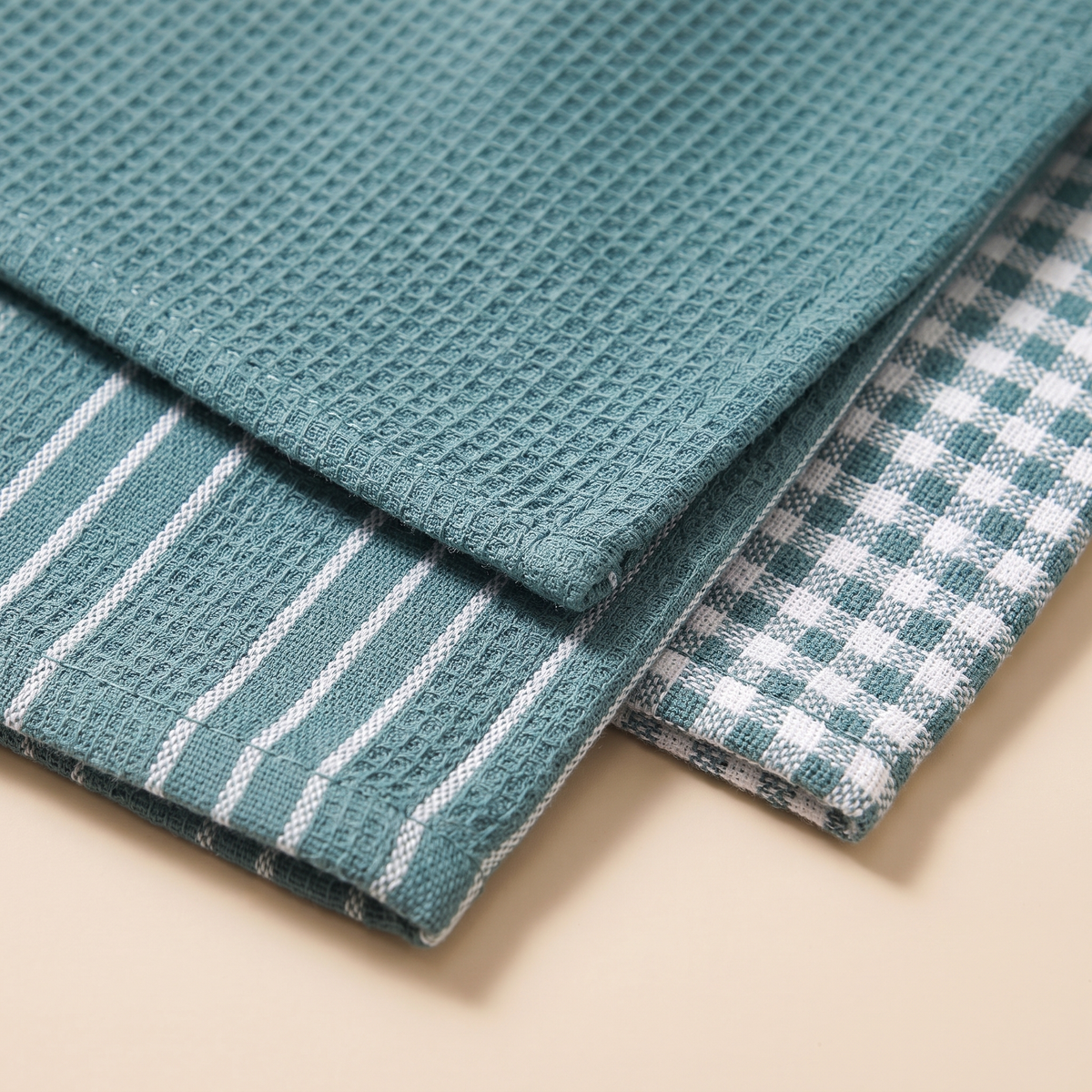 Cotton Kitchen Towels – Set of 3 in Teal – Stripe & Check – close-up of waffle, striped and gingham textures at overlapping folded edges