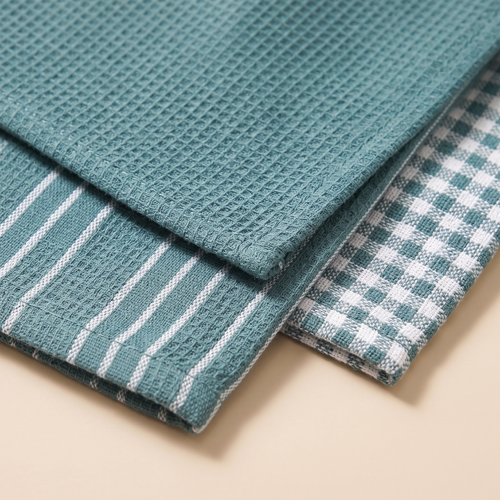 Cotton Kitchen Towels – Set of 3 in Teal – Stripe &amp; Check – close-up of waffle, striped and gingham textures at overlapping folded edges