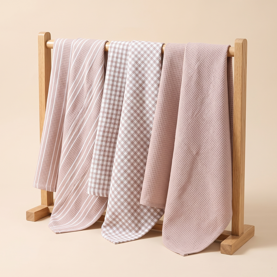 Cotton Kitchen Towels – Set of 3 in Light Pink – Stripe &amp; Check – hanging side by side on a wooden drying rack
