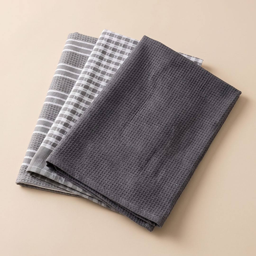 Cotton Kitchen Towels – Set of 3 in Gray – Stripe &amp; Check – waffle towel layered over striped and checked towels