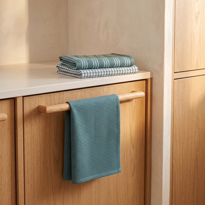 Cotton Kitchen Towels – Set of 3 in Teal – Stripe &amp; Check – waffle towel hanging on oak cabinet handle, folded towels on countertop