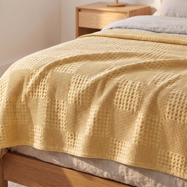 Cotton Waffle Blanket in Light Yellow