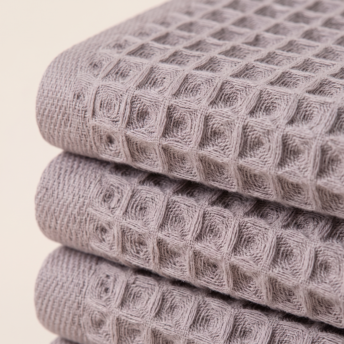 Cotton Waffle Hand Towels – Set of 6 in Taupe – close-up of the waffle weave texture on folded edges