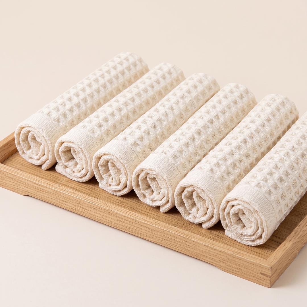 Cotton Waffle Hand Towels – Set of 6 in Cream – six rolled towels lined up on a wooden tray