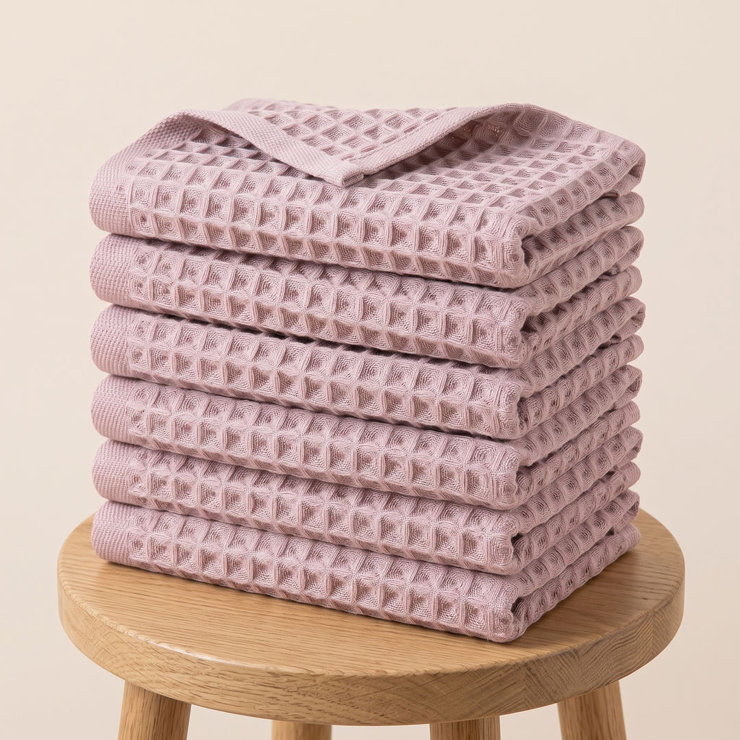 Cotton Waffle Hand Towels – Set of 6 in Dusty Pink – stack of six folded towels on a round wooden stool