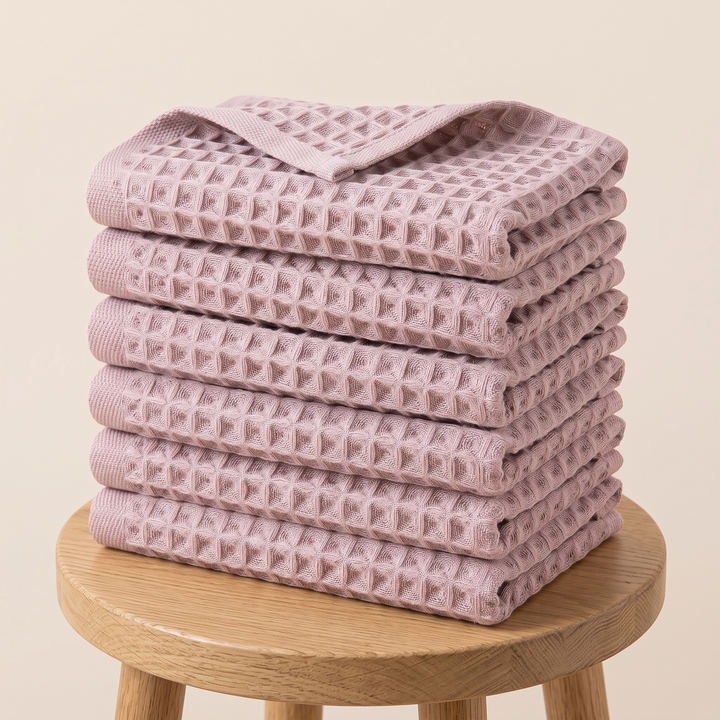 Cotton Waffle Hand Towels – Set of 6 in Dusty Pink – stack of six folded towels on a round wooden stool