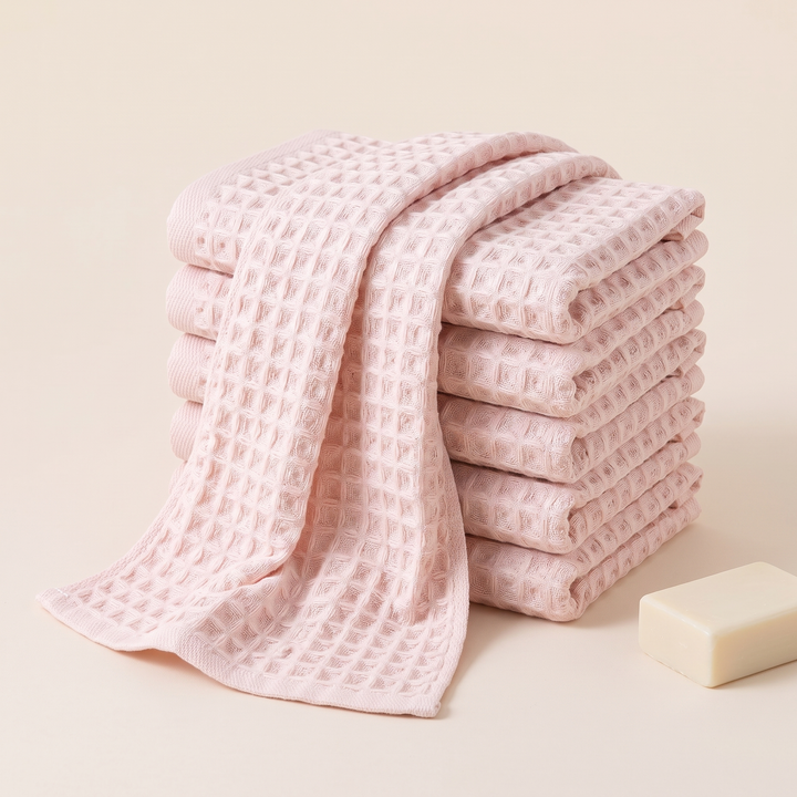 Cotton Waffle Hand Towels – Set of 6 in Light Pink – one towel draped over a folded stack beside a soap bar