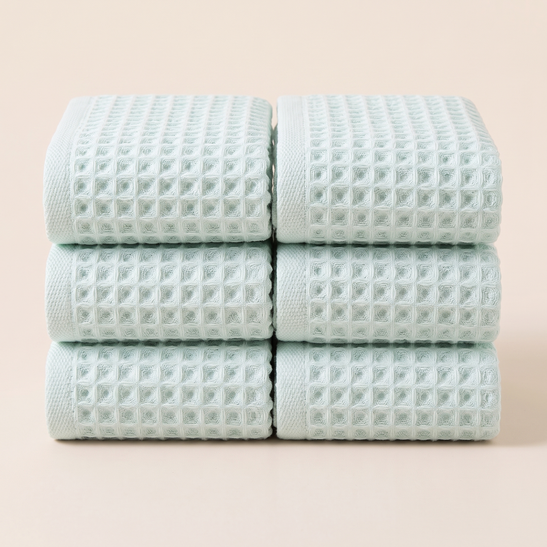 Cotton Waffle Hand Towels – Set of 6 in Mint Green – two side-by-side stacks of three folded towels, front view