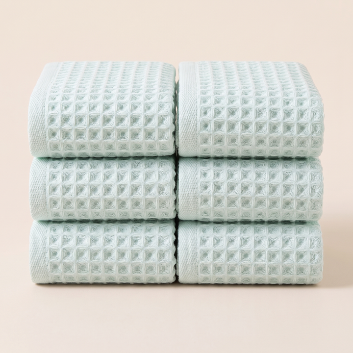 Cotton Waffle Hand Towels – Set of 6 in Mint Green – two side-by-side stacks of three folded towels, front view