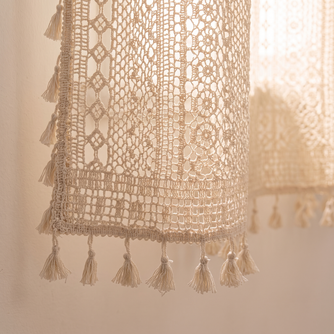 Crochet Lace Curtain Panel – Boho Tassel Trim in Cream – close-up of the hem with tassels and open crochet pattern