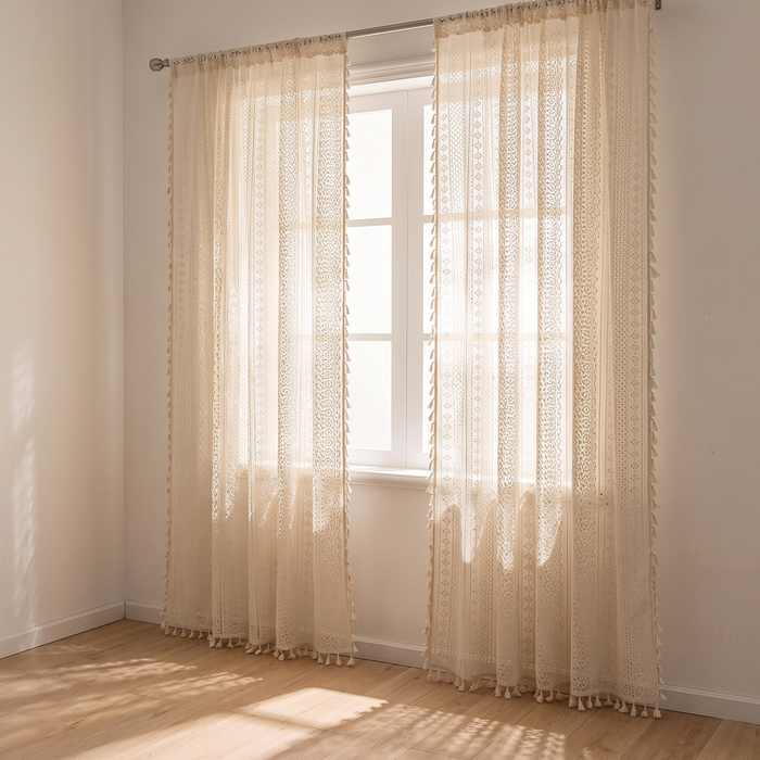 Crochet Lace Curtain Panel – Boho Tassel Trim