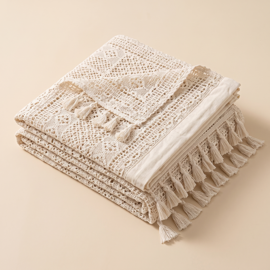 Crochet Lace Curtain Panel – Boho Tassel Trim in Cream – folded neatly in a stack on a plain beige background