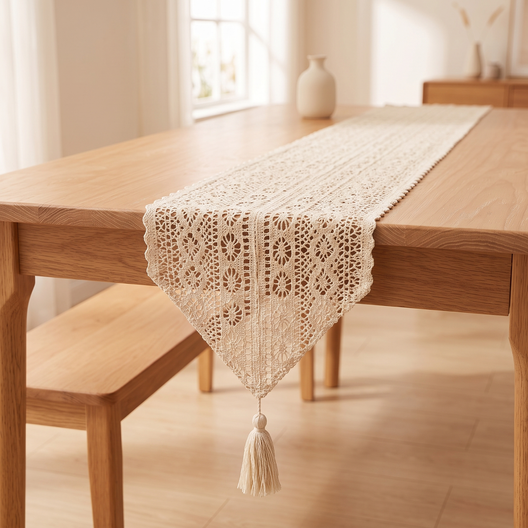 Crochet Table Runner in Cream – Pointed Ends – on oak dining table beside a bench in sunlit room