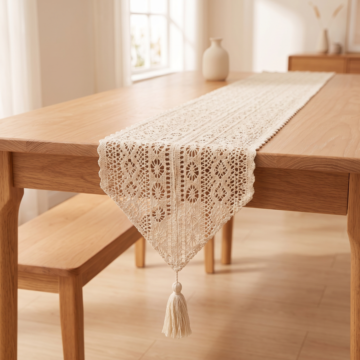 Crochet Table Runner in Cream – Pointed Ends – on oak dining table beside a bench in sunlit room