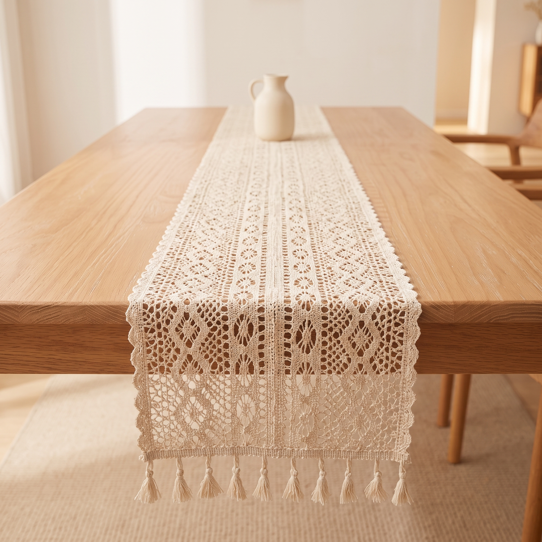Crochet Table Runner in Cream – Tasseled Ends – end hanging over table edge above a woven rug