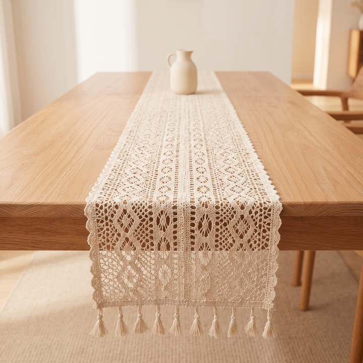 Crochet Table Runner in Cream – Tasseled Ends – end hanging over table edge above a woven rug