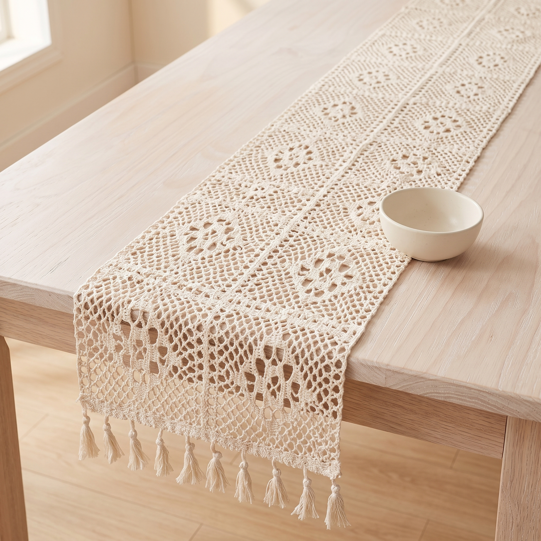 Crochet Table Runner in Ivory – Chunky Crochet – angled view beside a small ceramic bowl on table
