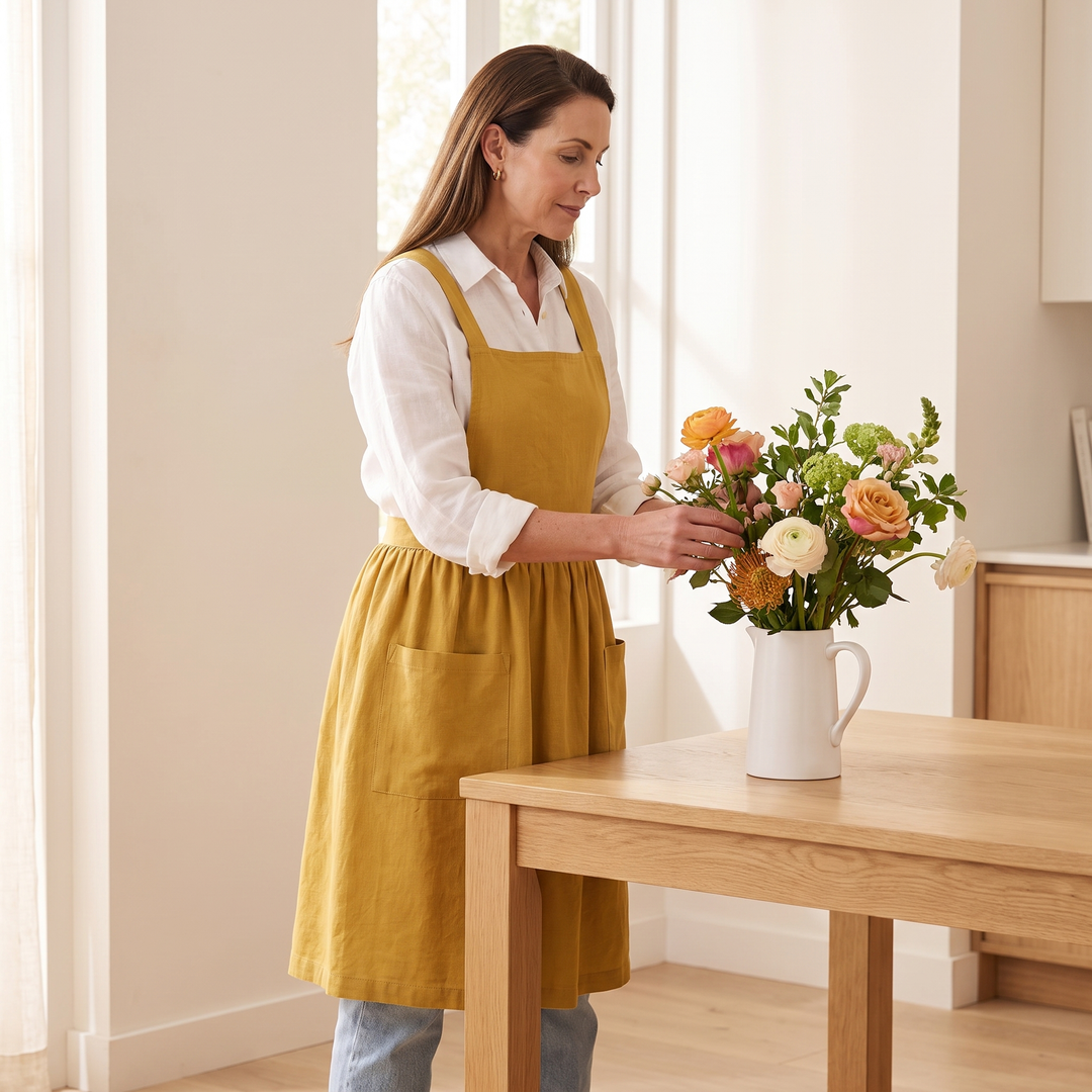 Cotton-Linen Cross-Back Apron in Yellow – worn by a woman arranging flowers beside a wooden table
