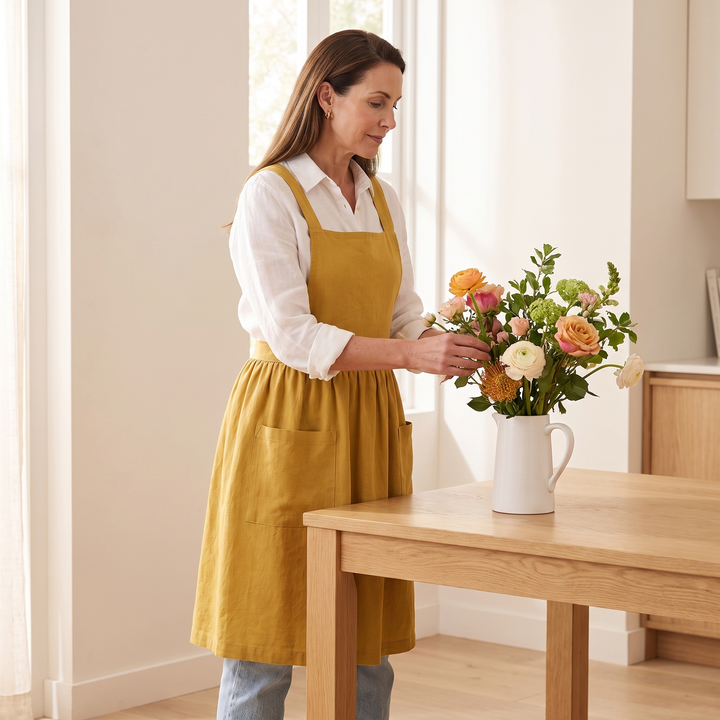 Cotton-Linen Cross-Back Apron in Yellow – worn by a woman arranging flowers beside a wooden table