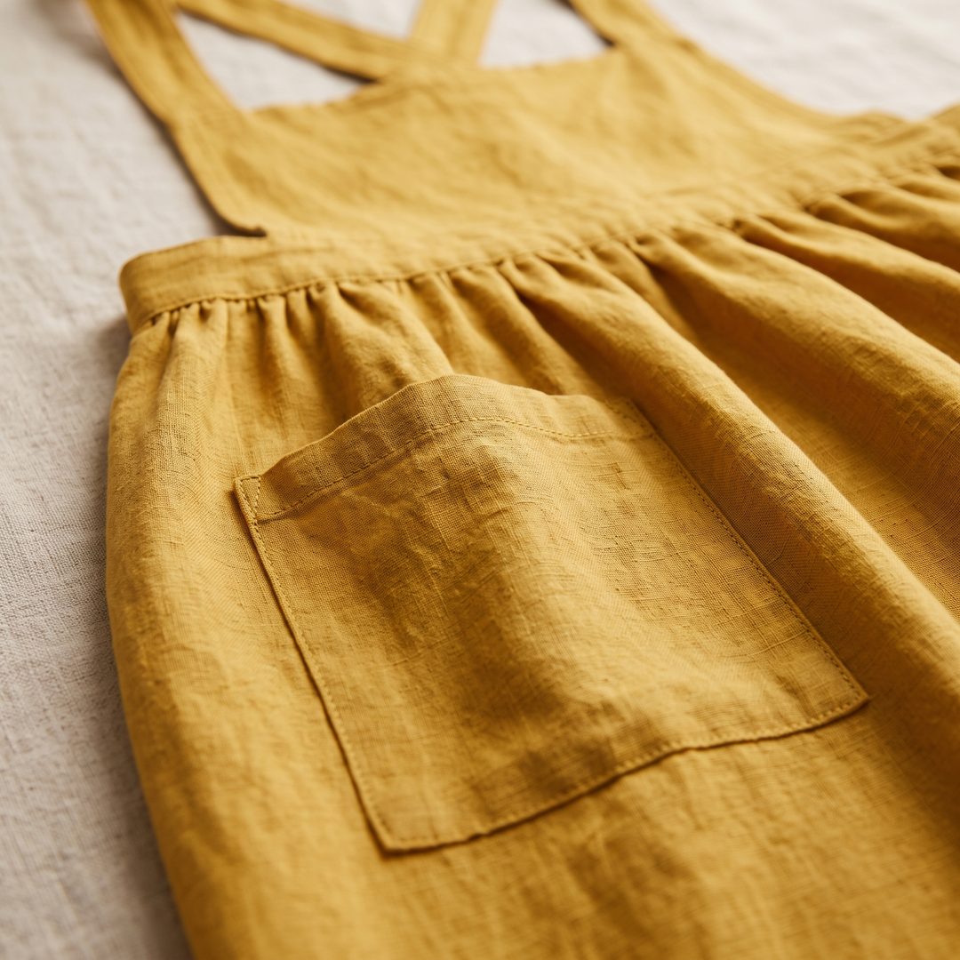 Cotton-Linen Cross-Back Apron in Yellow – close-up of the patch pocket and gathered waist