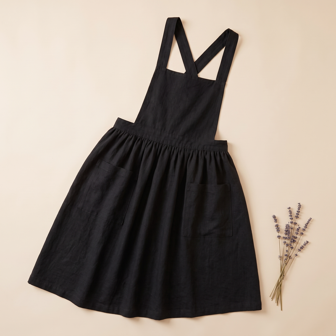 Cotton-Linen Cross-Back Apron in Black – arranged with a sprig of dried lavender beside it