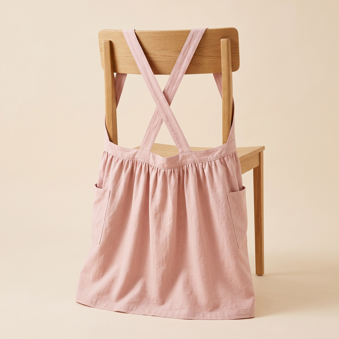 Cotton-Linen Cross-Back Apron in Dusty Pink – draped over a wooden chair back with straps crossed