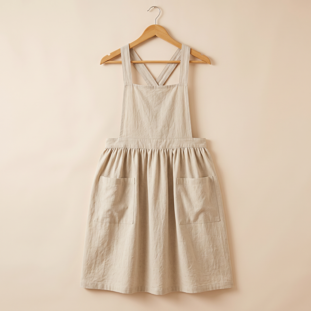 Cotton-Linen Cross-Back Apron in Oatmeal – hanging on a wooden hanger against a plain backdrop