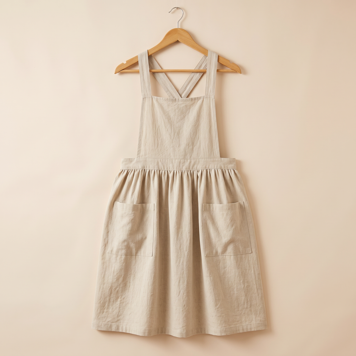 Cotton-Linen Cross-Back Apron in Oatmeal – hanging on a wooden hanger against a plain backdrop