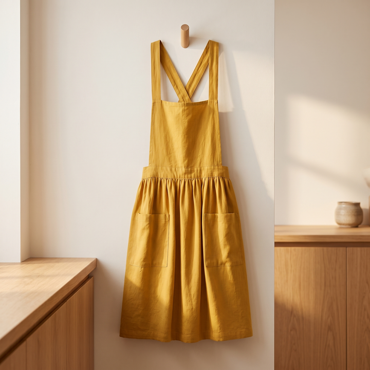 Cotton-Linen Cross-Back Apron in Yellow – hanging on a wooden wall peg beside oak cabinets