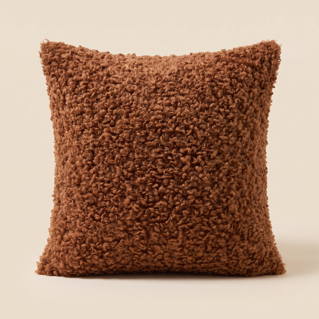 Curly Faux Fur Pillow Cover in Chestnut Brown – filled upright, full square shape with faint base shadow