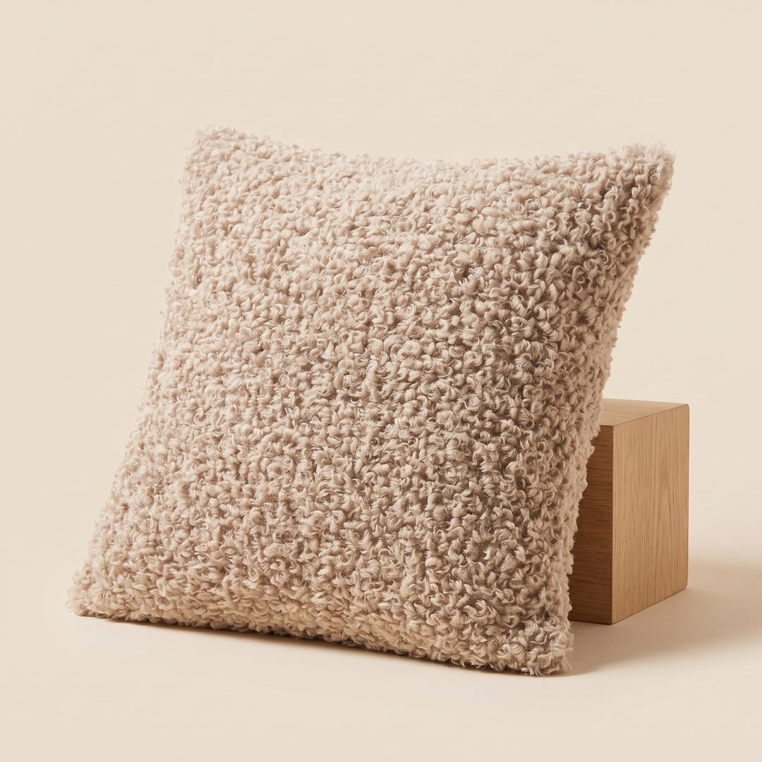 Curly Faux Fur Pillow Cover in Oatmeal – leaning against a wooden block on a cream backdrop