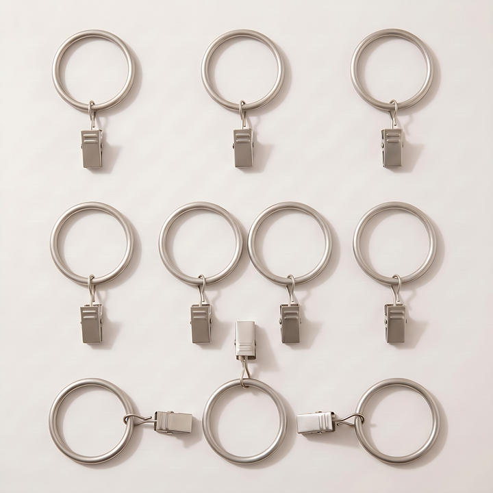 Metal Curtain Rings with Clips in Silver – overhead flat lay in three rows, bottom clips turned sideways