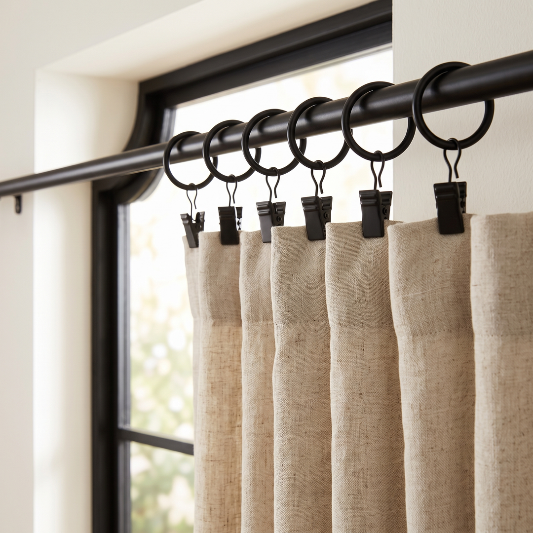 Metal Curtain Rings with Clips in Black – holding linen curtain panels on a rod by a window