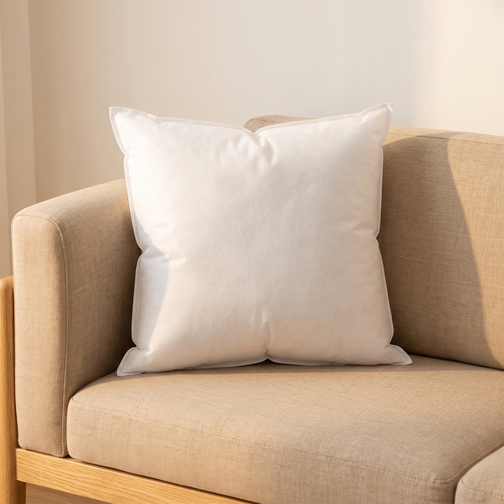 Throw Pillow Insert in White – propped on a beige sofa seat beside a wooden frame