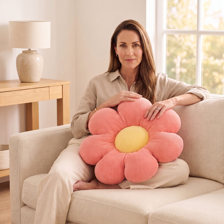 Daisy Flower Pillow in Coral – held on lap by seated woman on cream sofa