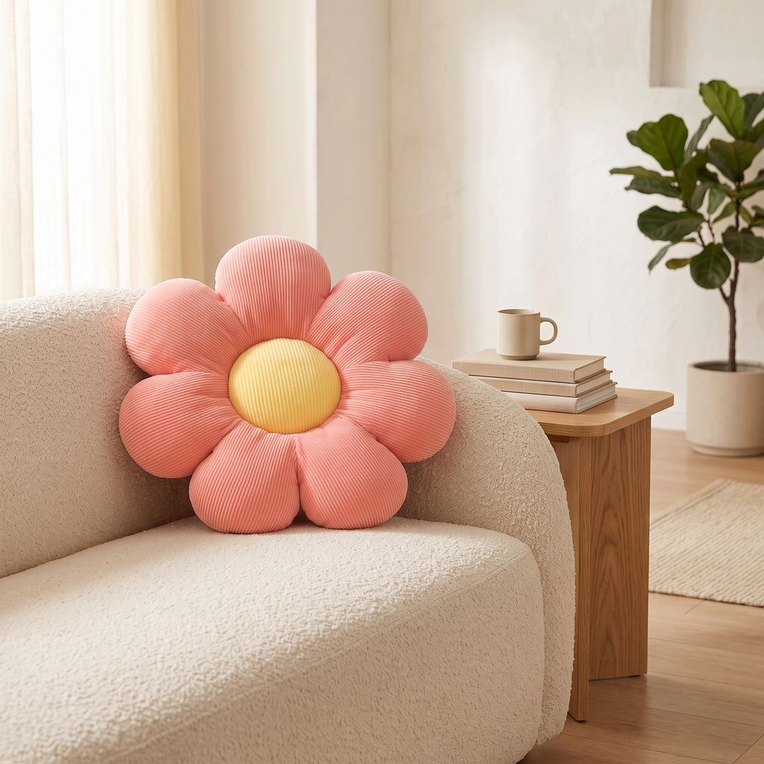 Daisy Flower Pillow in Coral – propped against a cream boucle sofa arm beside a wooden side table