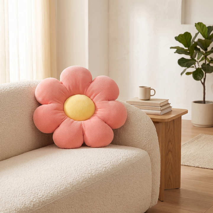 Daisy Flower Pillow in Coral – propped against a cream boucle sofa arm beside a wooden side table