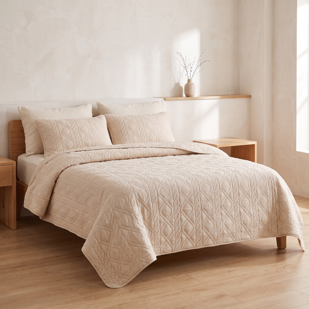 Beige diamond quilted bedspread and pillow shams on a bed in a calm bedroom