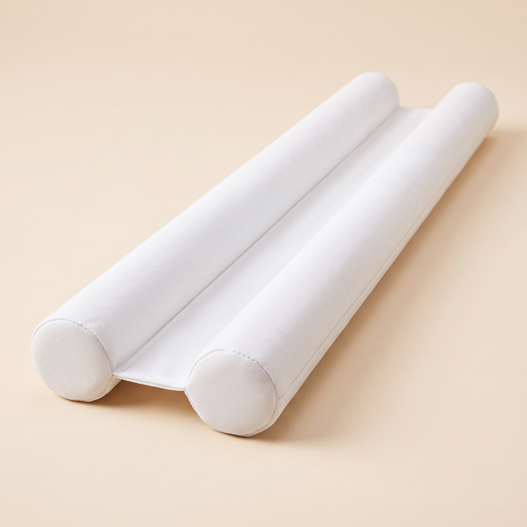 Door Draft Stopper – Twin Tube, Under-Door in White – twin tubes joined by a flat fabric strip, round end caps