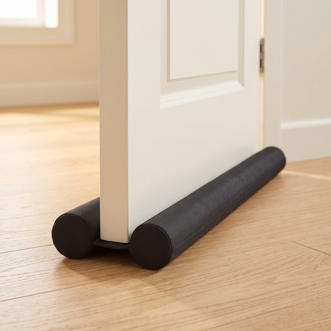 Door Draft Stopper – Twin Tube, Under-Door in Black – fitted under a white door on a wood floor