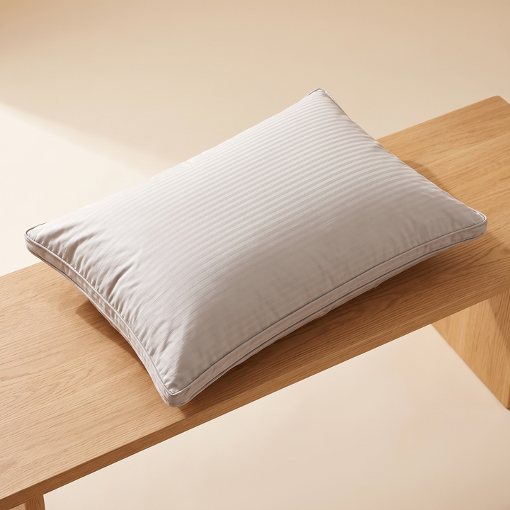 Goose Down and Feather Pillow in Light Gray – resting on a light oak bench against a warm beige backdrop