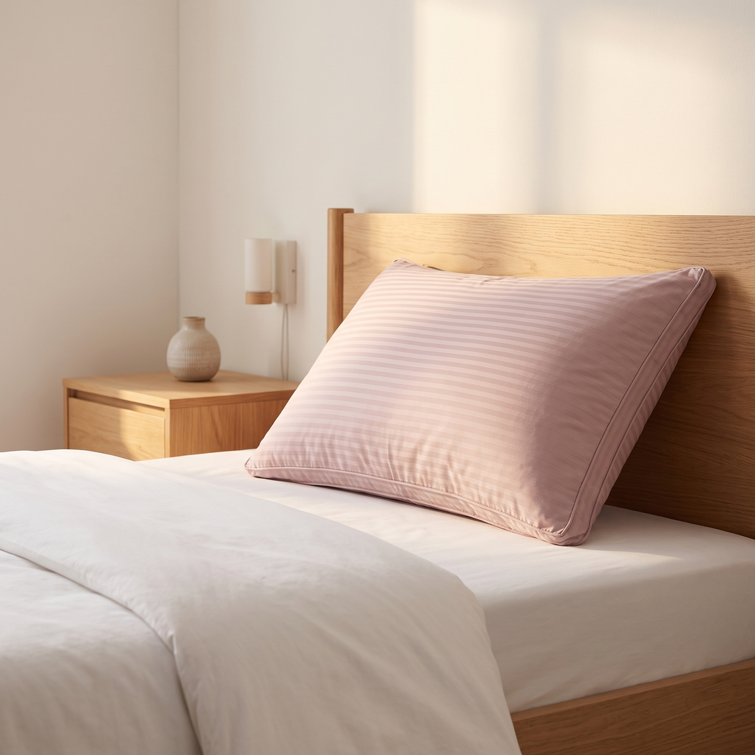 Goose Down and Feather Pillow in Dusty Pink – propped against an oak headboard on a made bed