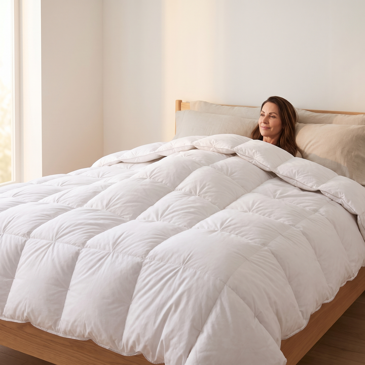 Down Comforter – White Goose Down, Puffy Pinch-Pleat in White – spread over a woman resting in a wooden bed