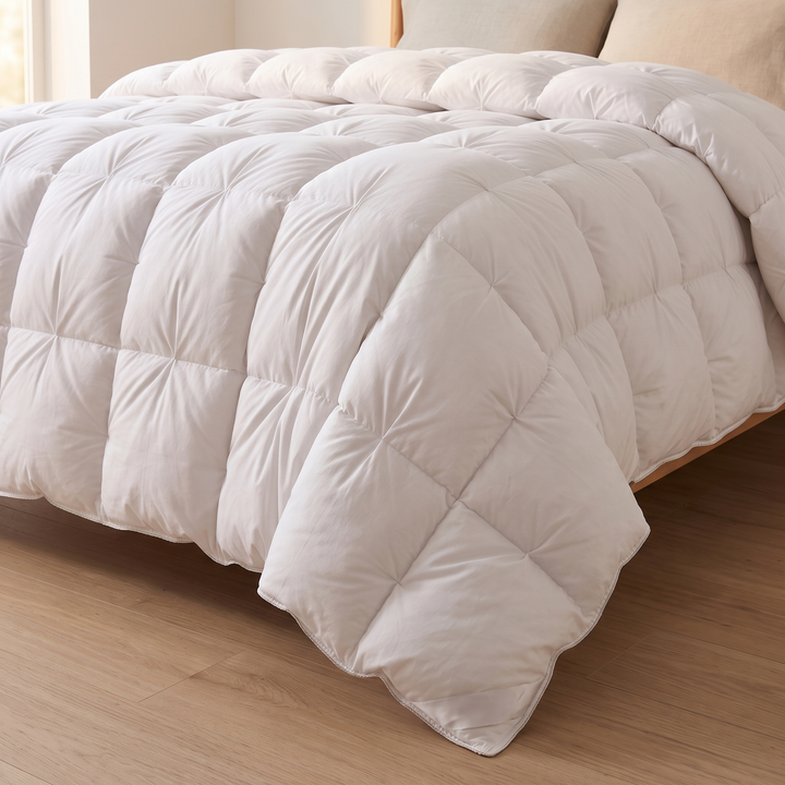 Down Comforter – White Goose Down, Puffy Pinch-Pleat in White – corner draping over a wooden bed frame onto the floor