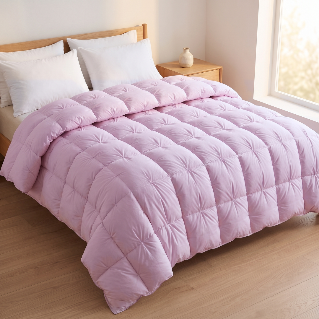 Down Comforter – White Goose Down, Puffy Pinch-Pleat in Light Pink – diagonal overhead view with white pillows and vase on nightstand